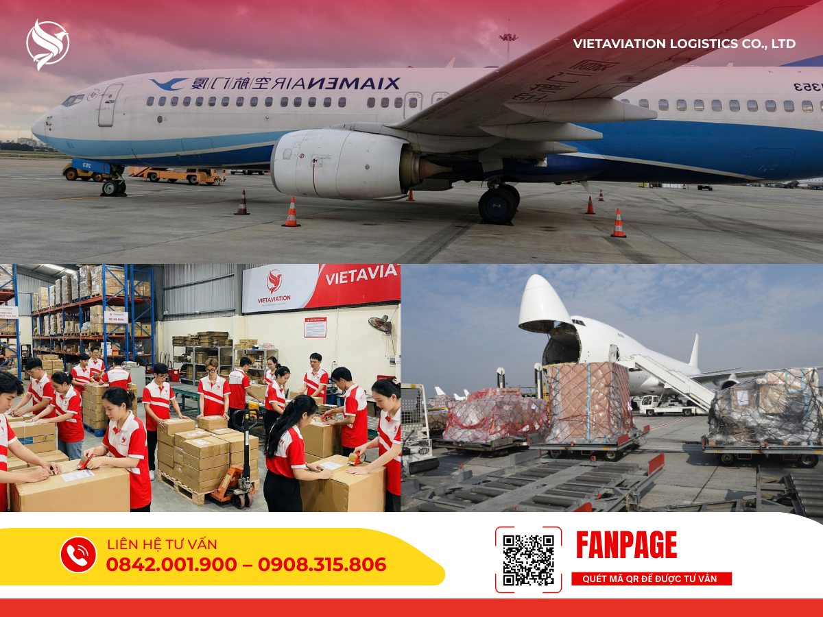 Kiểm đếm và đóng gói hàng hóa tại kho, cảnh bốc xếp các pallet hàng hóa lên bụng máy bay vận tải chuyên dụng.