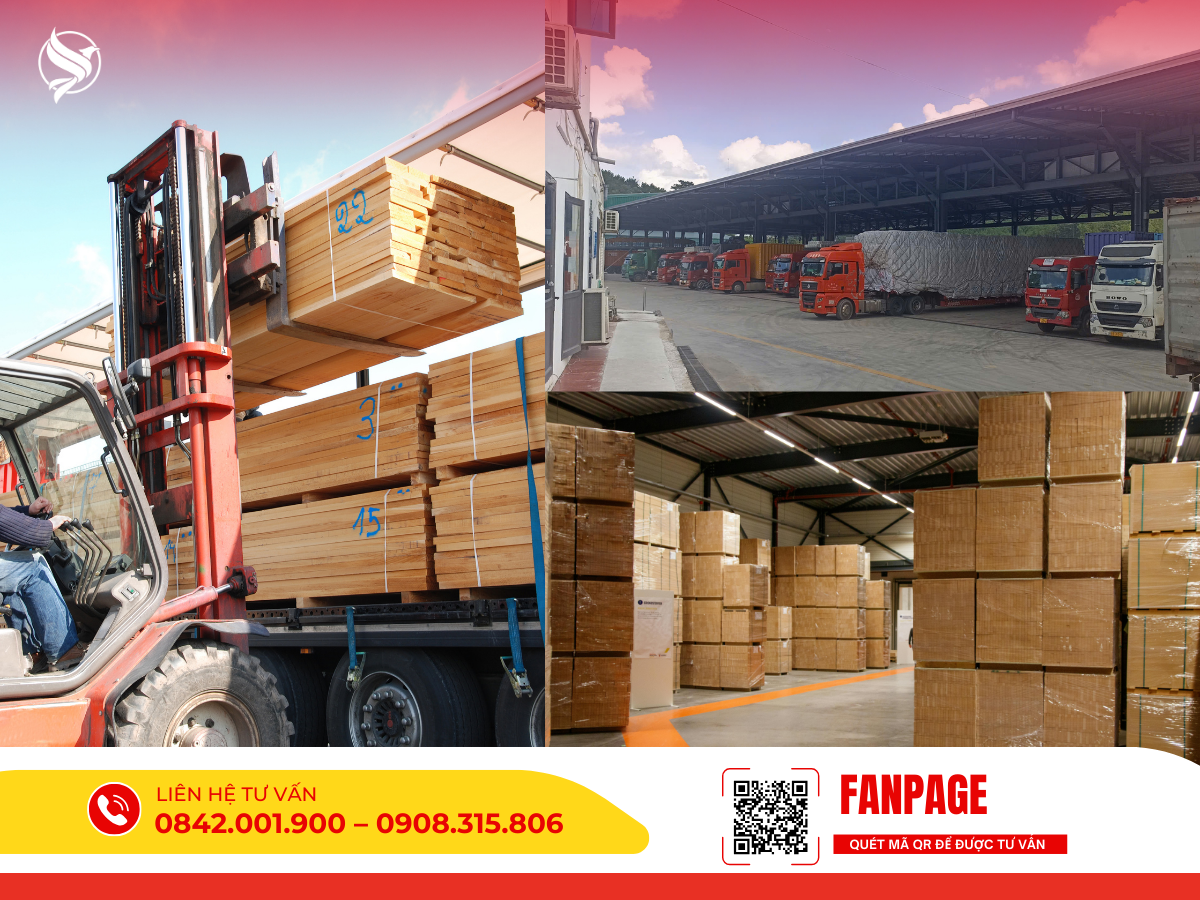 Hình ảnh hoạt động vận tải cường độ cao tại bãi tập kết: Xe nâng đang bốc xếp các kiện gỗ lớn lên xe tải, bên cạnh là hệ thống kho bãi lưu trữ hàng hóa quy mô và dàn xe đầu kéo tấp nập chờ xuất bến.