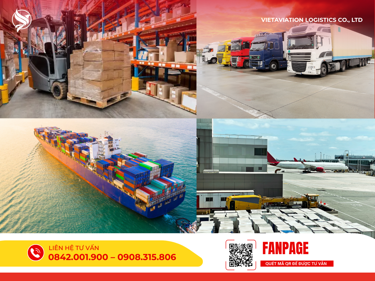 Hình ảnh ghép mô tả các phương thức vận tải logistics bao gồm: xe nâng di chuyển pallet hàng hóa trong kho bãi, dãy xe tải đầu kéo đang đỗ sát nhau, tàu biển chở các thùng container lớn trên đại dương và khu vực tập kết bốc xếp hàng hóa lên máy bay tại sân bay.