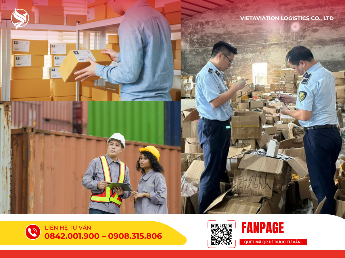 Hình ảnh tổng hợp phản ánh quy trình giám sát và kiểm hóa: từ nhân viên kho quét mã vạch kiểm kê, chuyên gia vận hành giám sát bãi container, cho đến cảnh lực lượng hải quan trực tiếp mở kiện, kiểm tra thực tế hàng hóa tại kho bãi.
