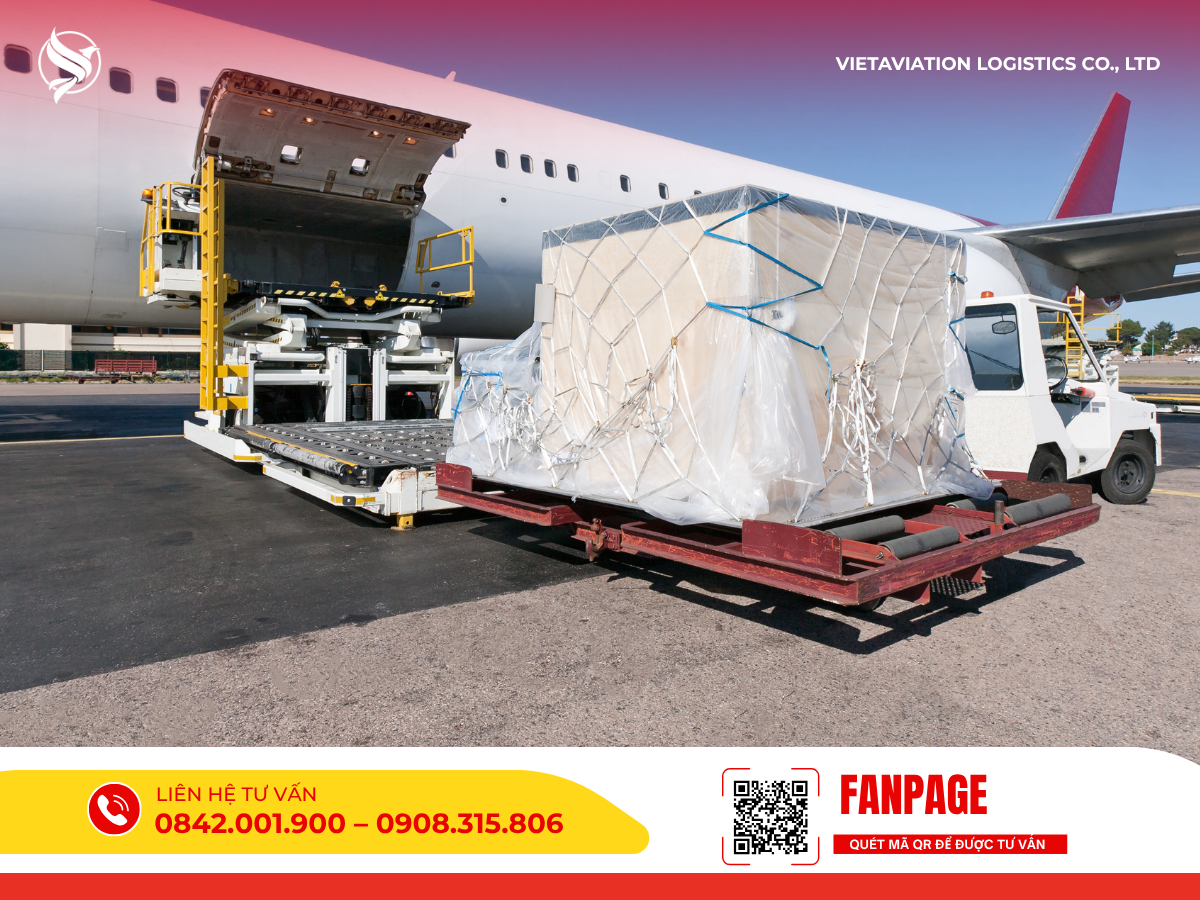 Hình ảnh kiện hàng lớn được bọc nilon và chằng lưới bảo vệ an toàn đang được xe nâng chuyên dụng đưa vào khoang chứa của máy bay vận tải.