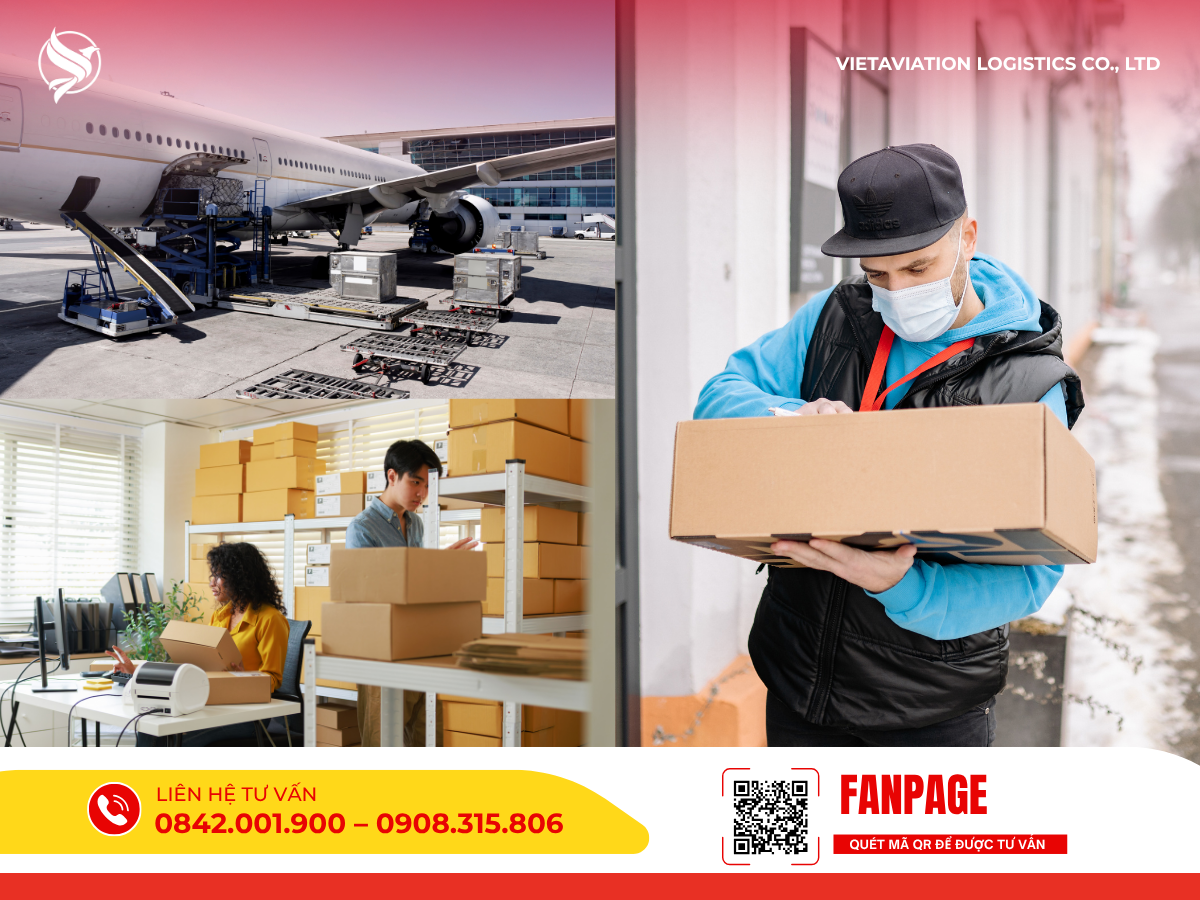 Hình ảnh ghép bốc xếp hàng lên máy bay, đóng gói tại kho và nhân viên giao hàng.