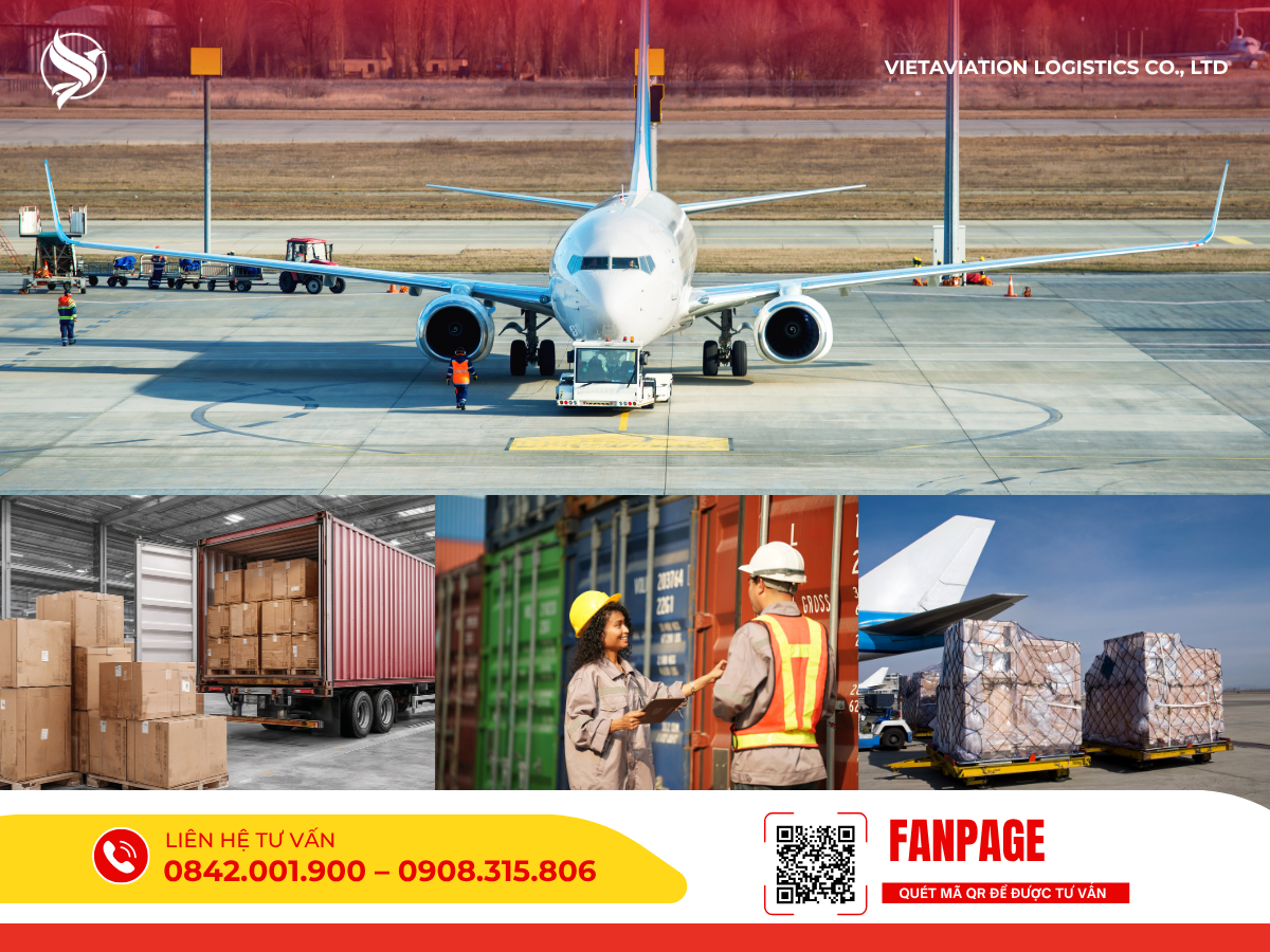 Máy bay vận tải, container hàng hóa và nhân viên điều phối.