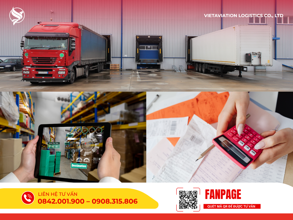 Hình ảnh ghép minh họa các giải pháp tối ưu logistics: đoàn xe tải chờ bốc xếp tại kho, ứng dụng công nghệ AI trên máy tính bảng để quản lý hàng hóa và thao tác bấm máy tính để tính toán chi phí.