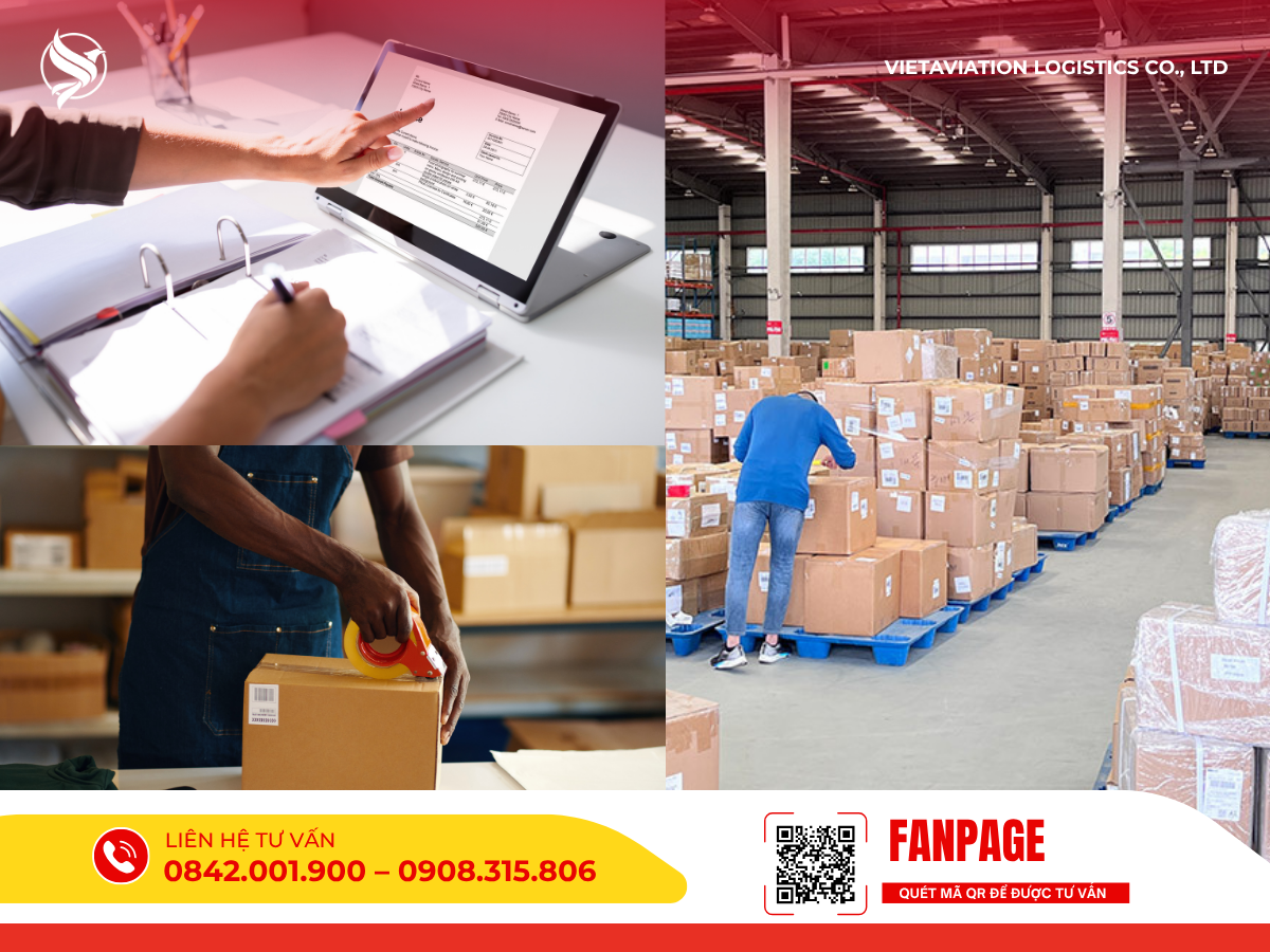 Quy trình xử lý chứng từ trên máy tính, đóng gói kiện hàng bằng băng keo và sắp xếp hàng hóa trong kho