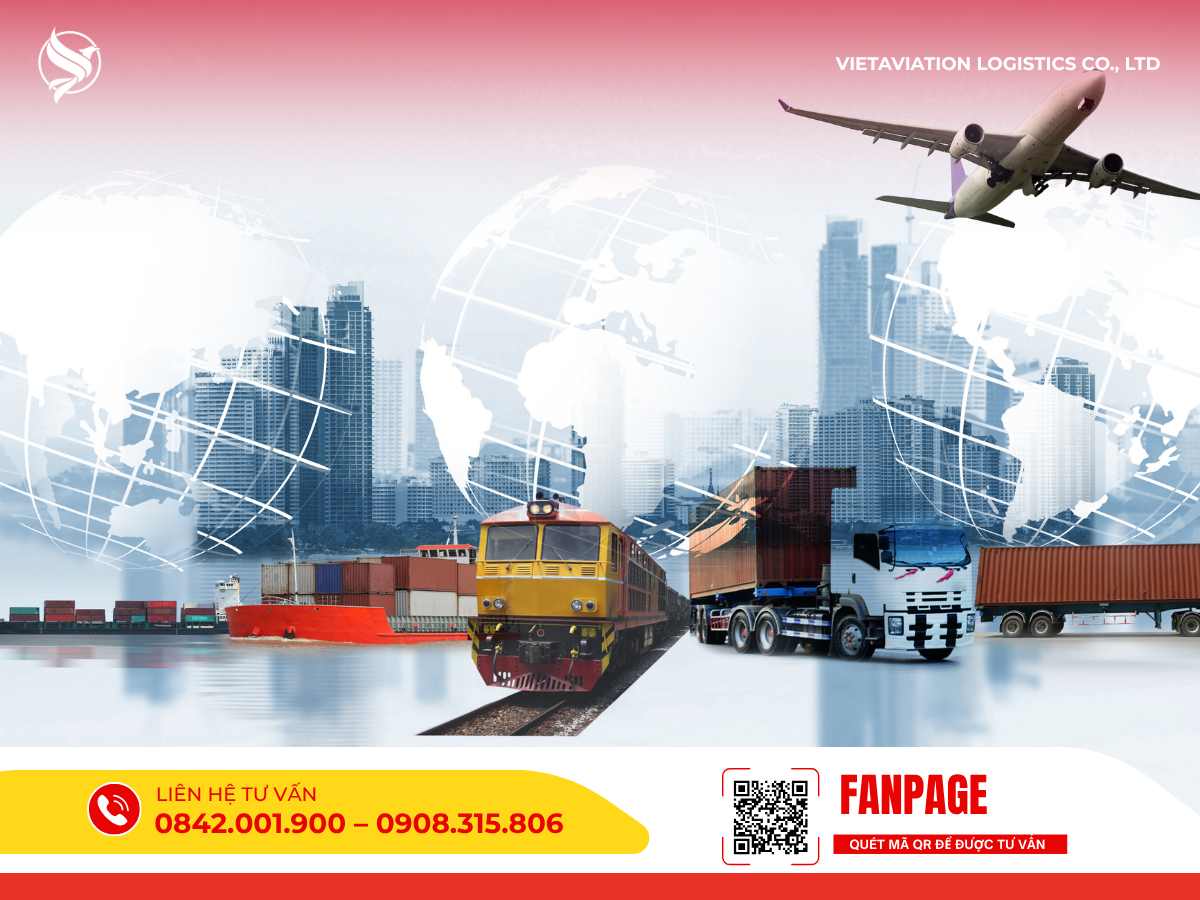 Mạng lưới vận tải đa phương thức gồm tàu biển, máy bay, tàu hỏa và xe tải container kết nối giao thương.