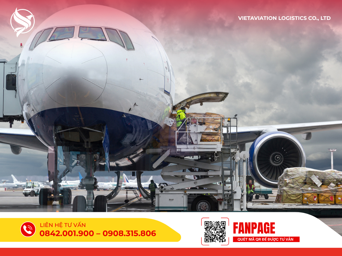 Máy bay vận tải cỡ lớn đang được bốc xếp các pallet hàng hóa bằng hệ thống nâng hạ chuyên dụng