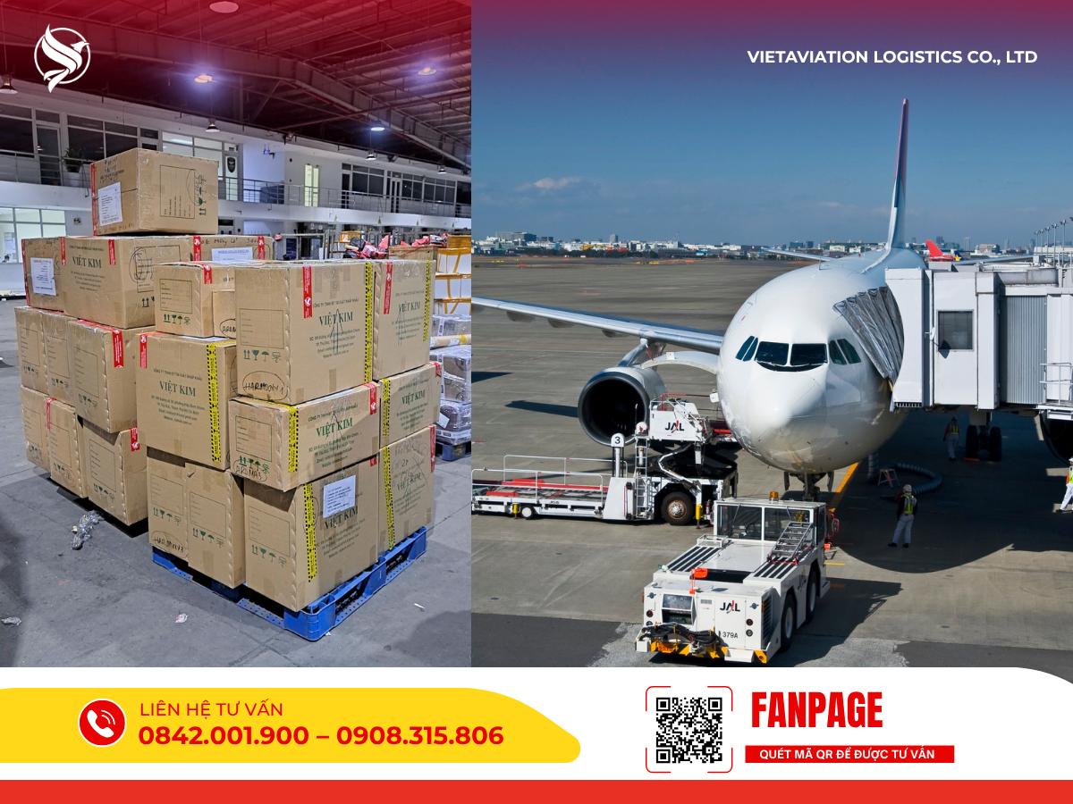 Hình ảnh ghép minh họa dịch vụ vận chuyển trọn gói: các thùng hàng carton được đóng gói cẩn thận trên pallet tại kho và máy bay thương mại đang đỗ tại sân bay chuẩn bị bốc xếp hàng hóa.