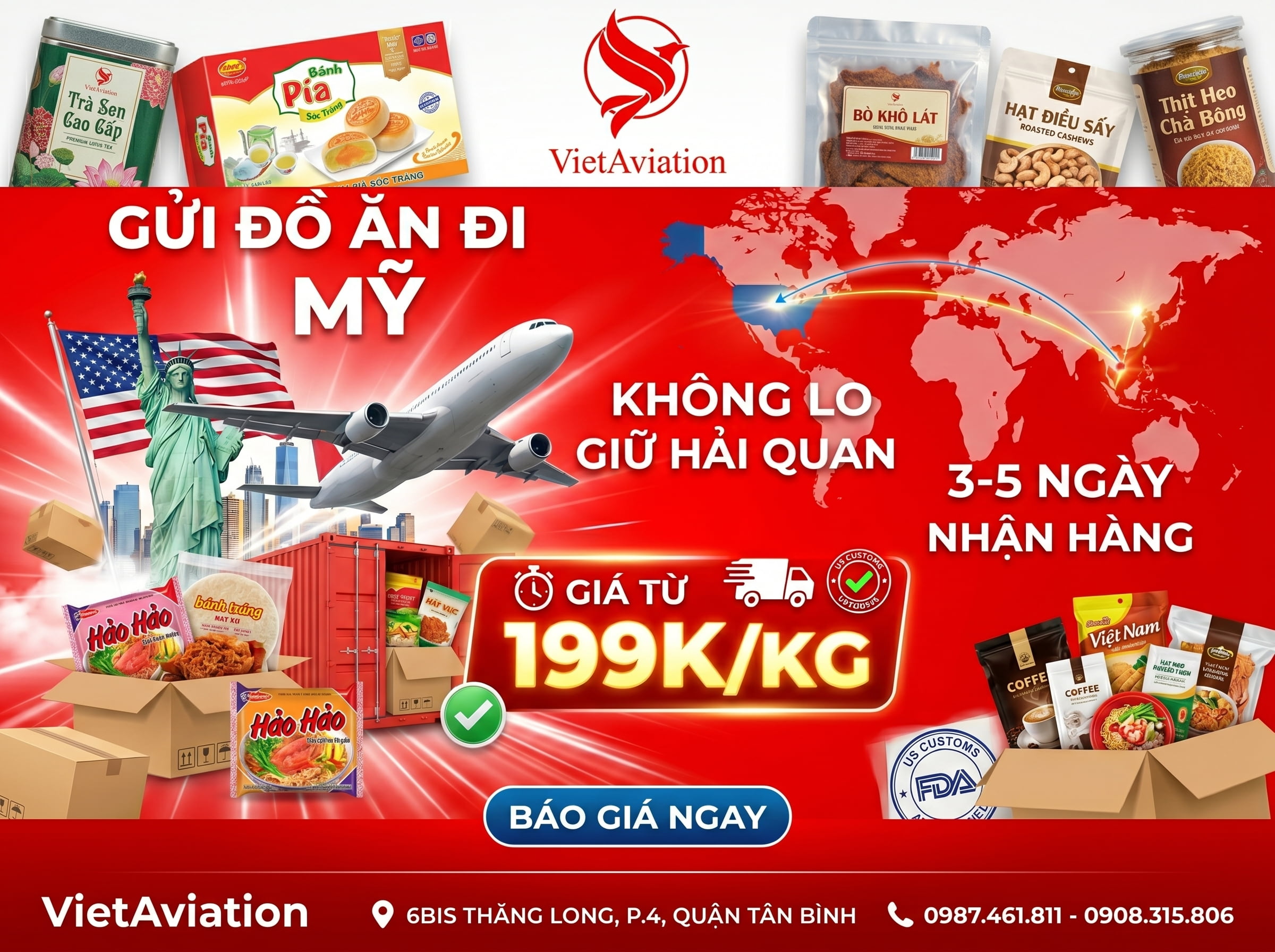 Gửi Đồ Ăn Đi Mỹ Từ 199K/Kg, Giao 3–7 Ngày, Hỗ Trợ FDA 2026