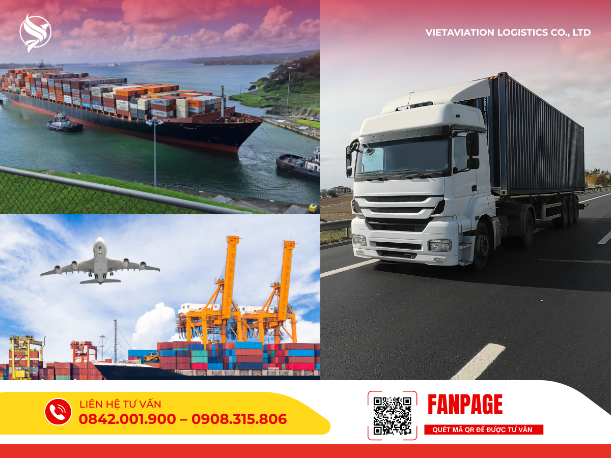 Tàu container xuyên đại dương, máy bay vận tải và xe đầu kéo vận chuyển hàng hóa đường bộ
