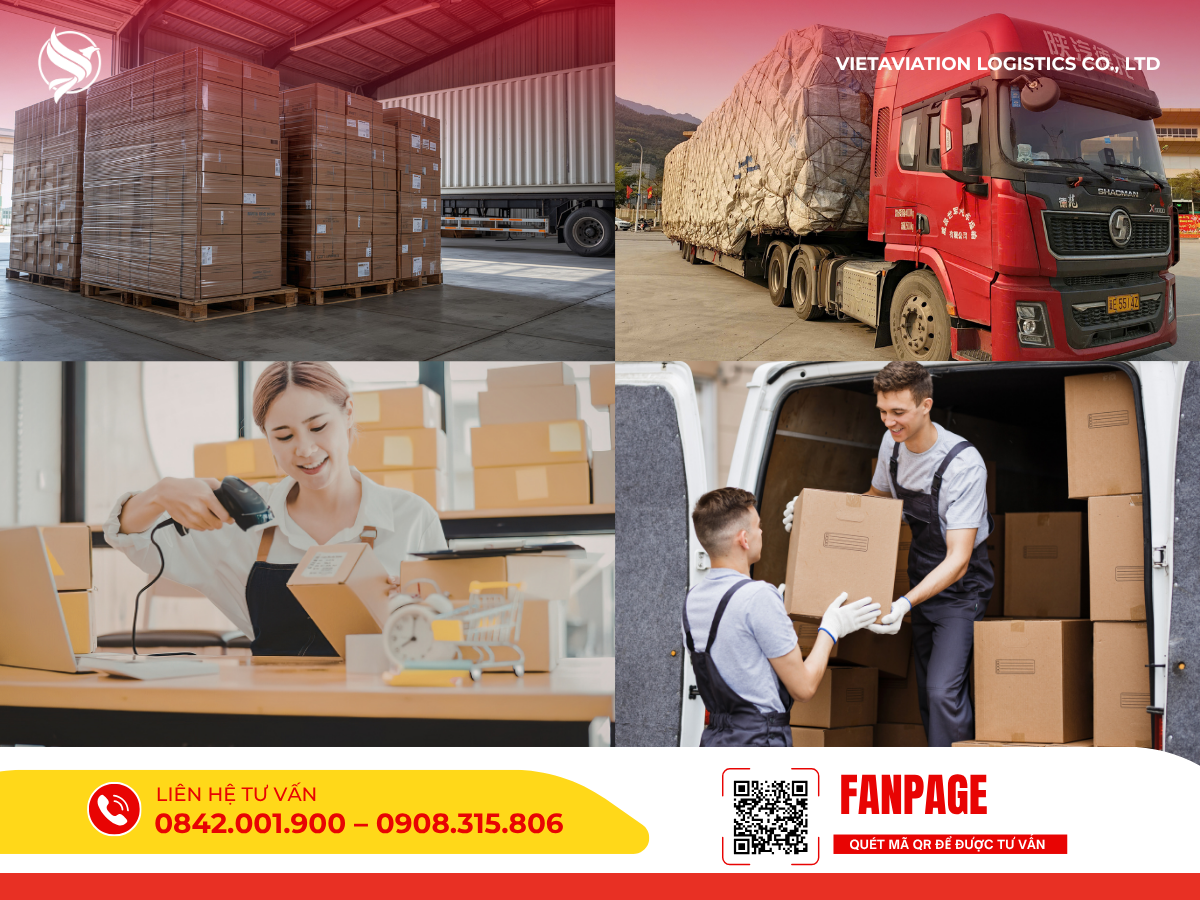 Hoạt động lưu kho, vận chuyển xe tải, quét mã đơn hàng và bốc xếp