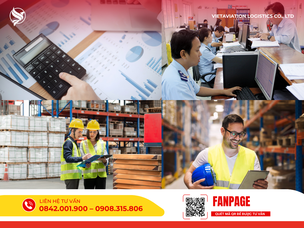 Hình ảnh ghép minh họa quy trình vận hành chuyên nghiệp: nhân viên tính toán dữ liệu tài chính, cán bộ hải quan đang xử lý hồ sơ trực tuyến và đội ngũ kho bãi đối chiếu thông tin hàng hóa bằng máy tính bảng.
