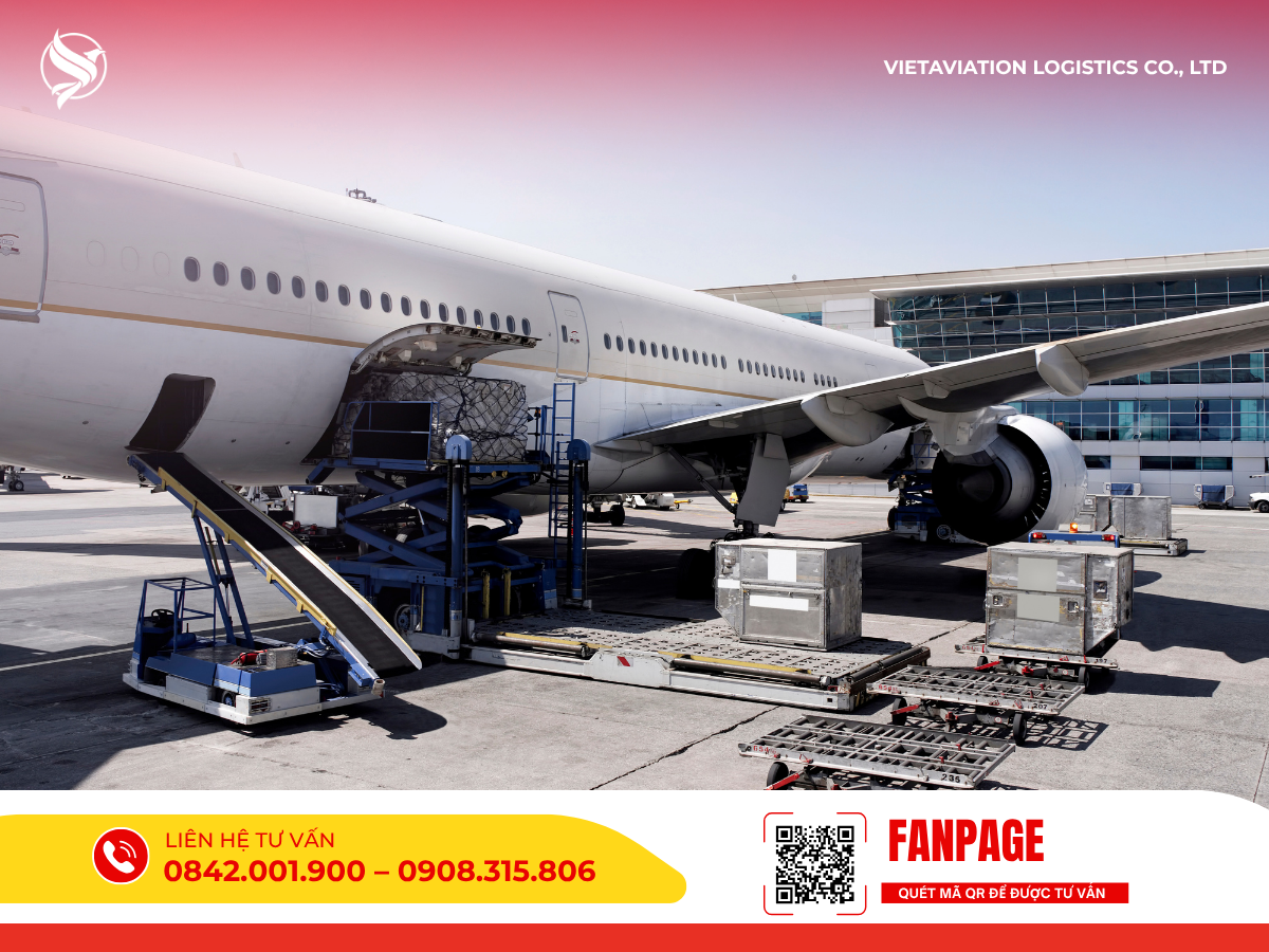 Hình ảnh máy bay chở hàng cỡ lớn đang được bốc dỡ các kiện hàng bằng thiết bị nâng hạ chuyên dụng tại khu vực sân đỗ của sân bay.