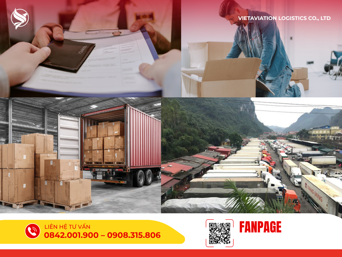 Hình ảnh ghép minh họa quy trình kiểm tra giấy tờ, đóng gói hàng hóa, bốc xếp lên container và hàng dài xe tải chờ thông quan tại cửa khẩu.