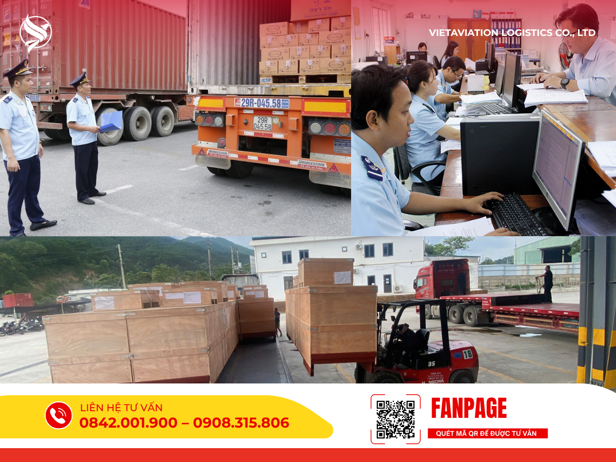 Hình ảnh ghép minh họa quy trình thông quan: cán bộ hải quan kiểm tra thực tế hàng hóa tại container, nhân viên xử lý hồ sơ trên máy tính và xe nâng đang bốc xếp các kiện gỗ lớn tại bãi tập kết cửa khẩu.