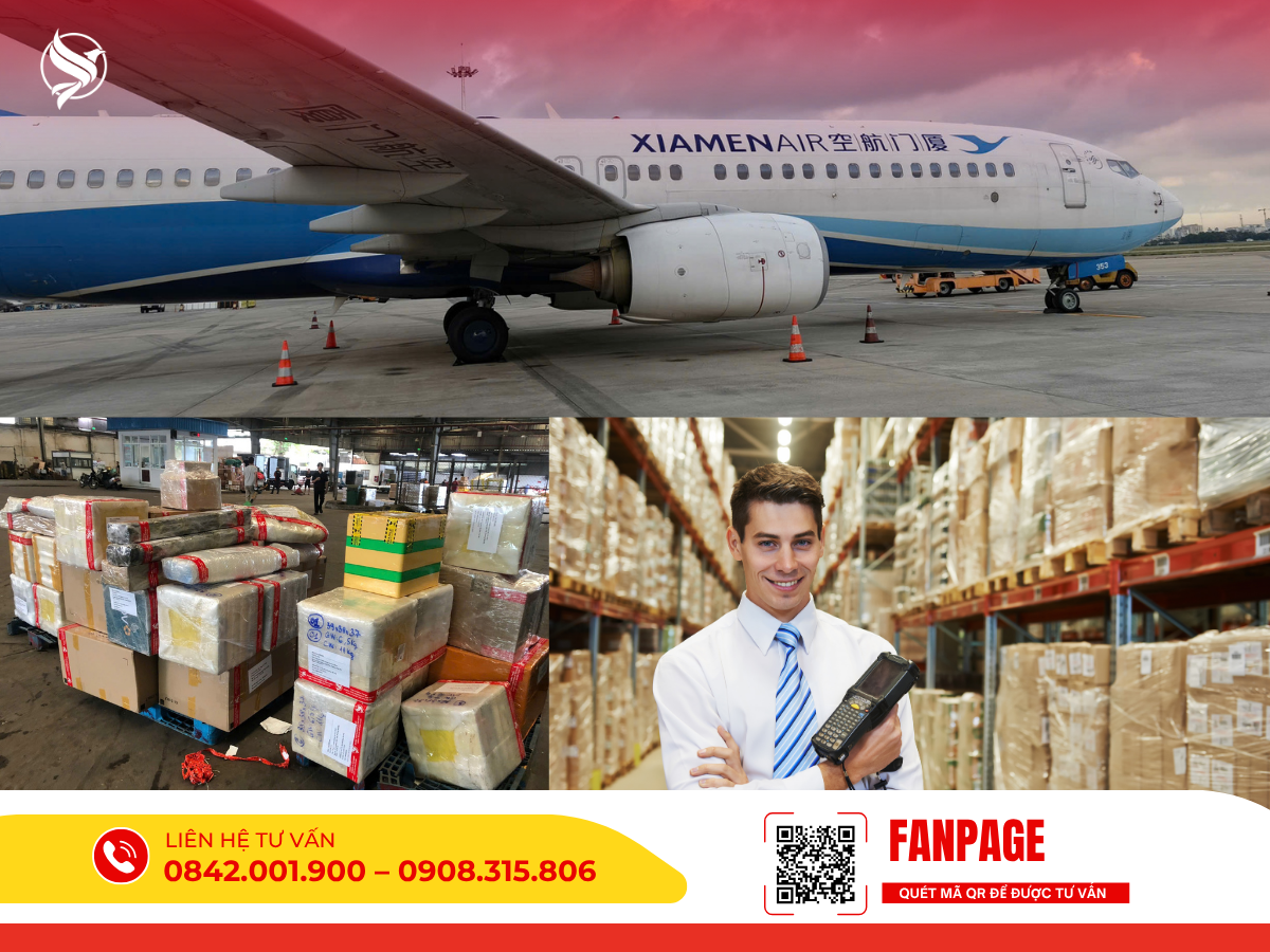 Hình ảnh ghép minh họa dịch vụ vận chuyển với máy bay thương mại, các kiện hàng mẫu được đóng gói cẩn thận trên pallet và một nhân viên nam đang mỉm cười cầm máy quét mã vạch tại kho hàng.