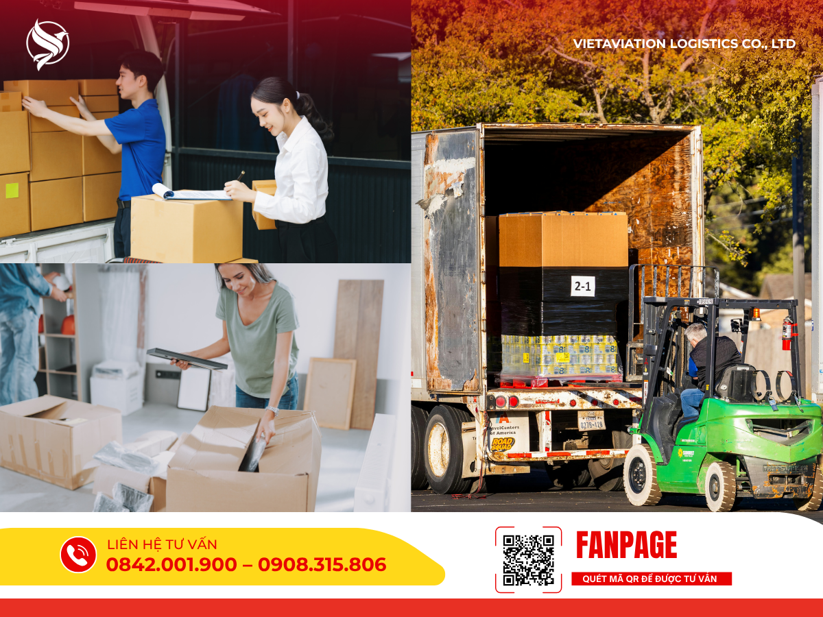 Hình ảnh ghép minh họa hoạt động bốc xếp hàng hóa đa dạng: nhân viên kiểm tra và đưa thùng carton lên xe tải nhỏ, khách hàng đóng gói đồ đạc trong nhà và xe nâng đưa pallet hàng hóa lên thùng xe tải hạng nặng.