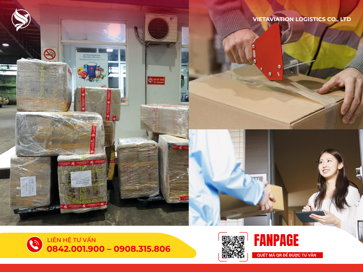 Hoạt động quấn màng co bảo vệ kiện hàng, đóng băng keo thùng carton và nhân viên giao hàng thực hiện xác nhận vận đơn với khách hàng