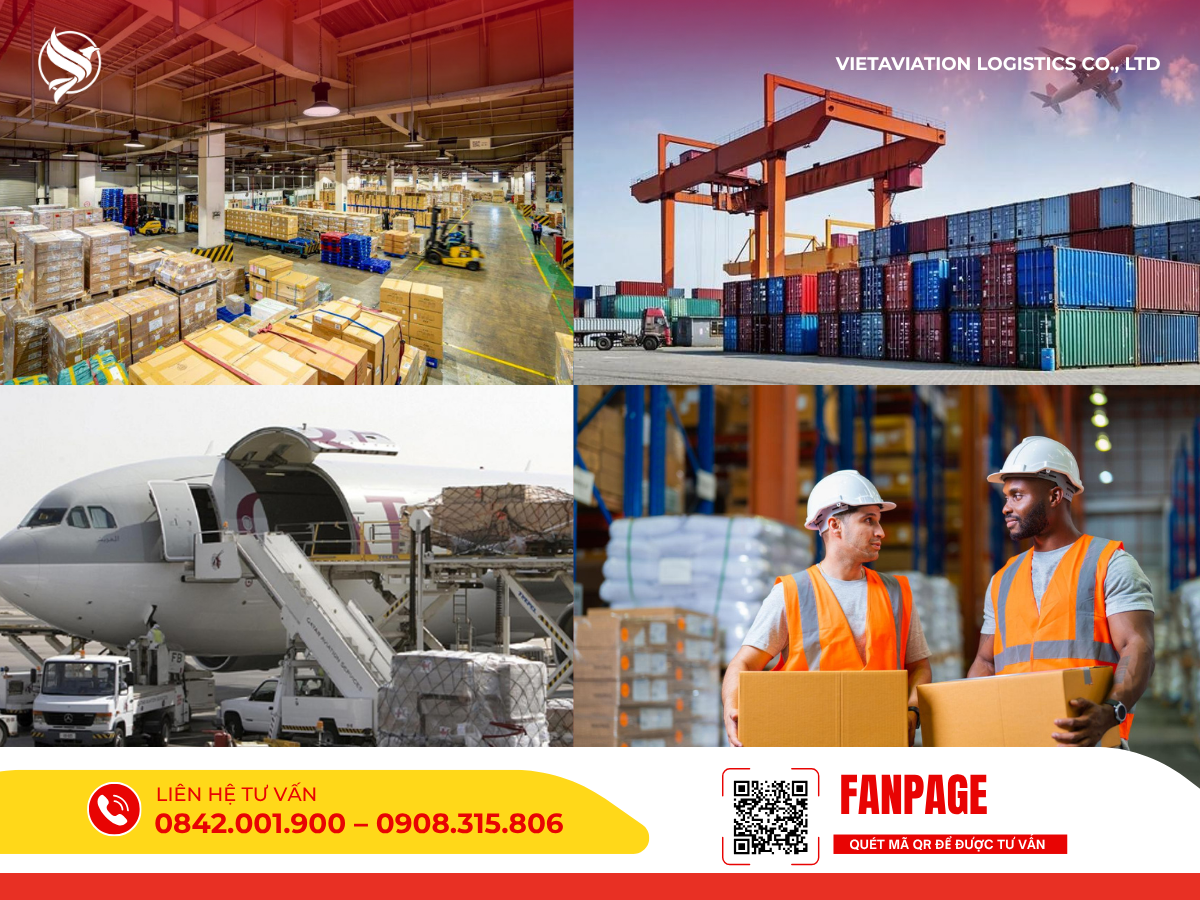 Hoạt động vận hành kho bãi với xe nâng, hệ thống cẩu container tại cảng, quy trình bốc xếp hàng lên máy bay chuyên dụng và nhân viên kho bãi đang trao đổi công việc.