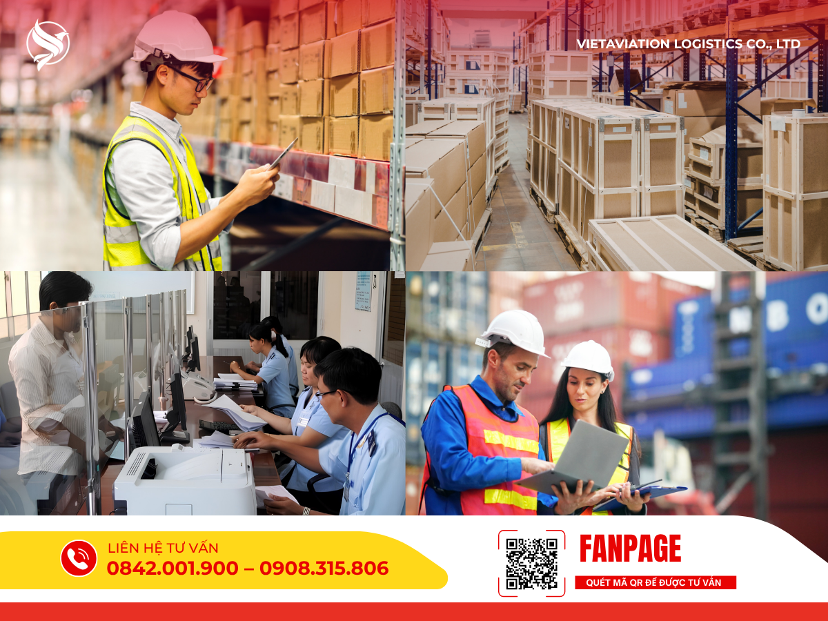 Hoạt động kiểm kê hàng hóa tại kho, đóng kiện gỗ bảo vệ bưu kiện, xử lý chứng từ hải quan và trao đổi thông tin logistics qua máy tính bảng.