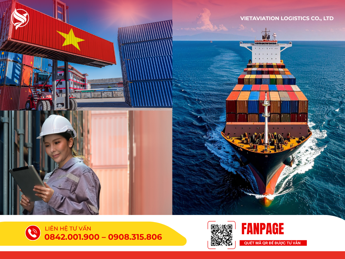 Hoạt động cẩu container hàng hóa tại cảng, nhân viên quản lý logistics kiểm tra vận đơn trên máy tính bảng và tàu container vận tải biển quy mô lớn.