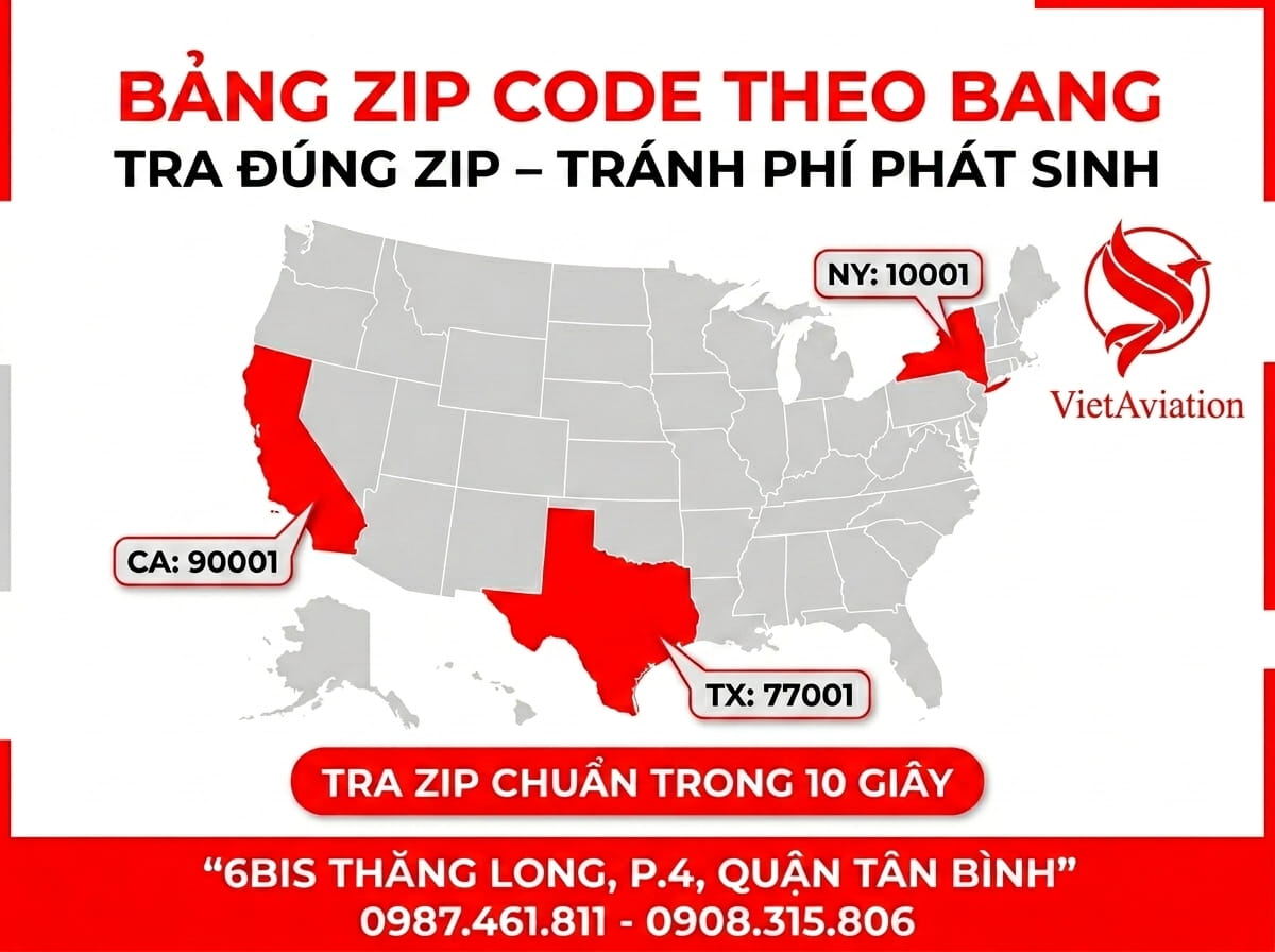 Bảng zip code khi gửi hàng qua Mỹ code