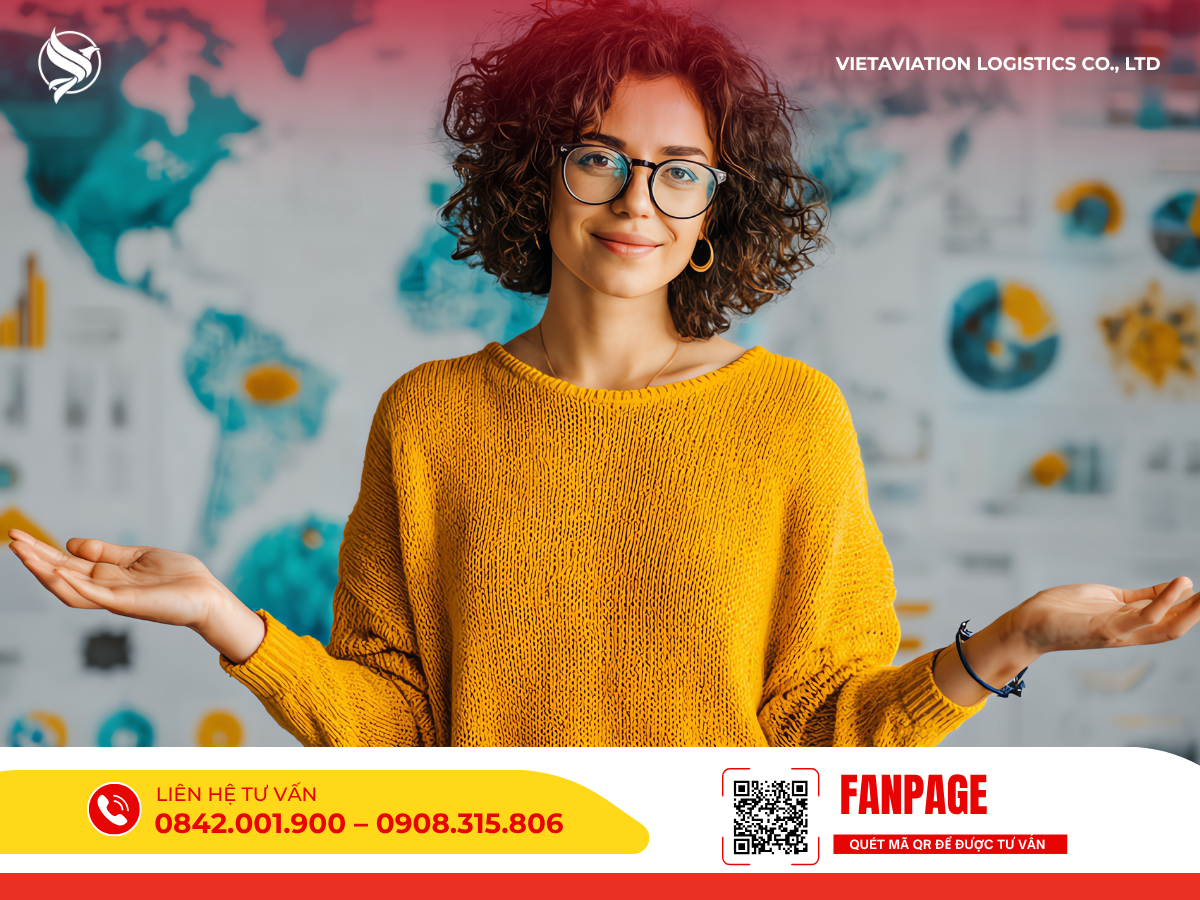 Nữ chuyên viên tư vấn đang mỉm cười thân thiện trước bản đồ mạng lưới vận chuyển toàn cầu.
