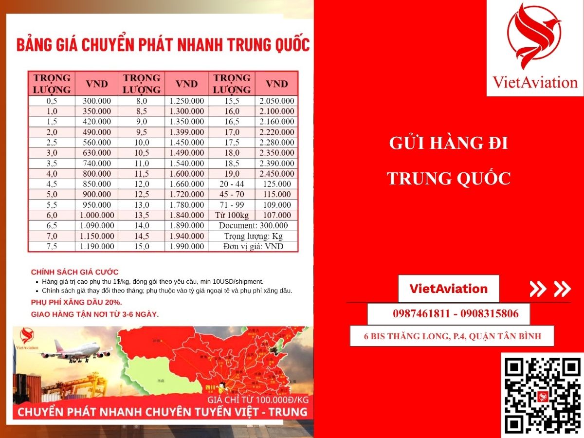 BẢNG GIÁ GỬI HÀNG ĐI TRUNG QUỐC VIETAVIATION