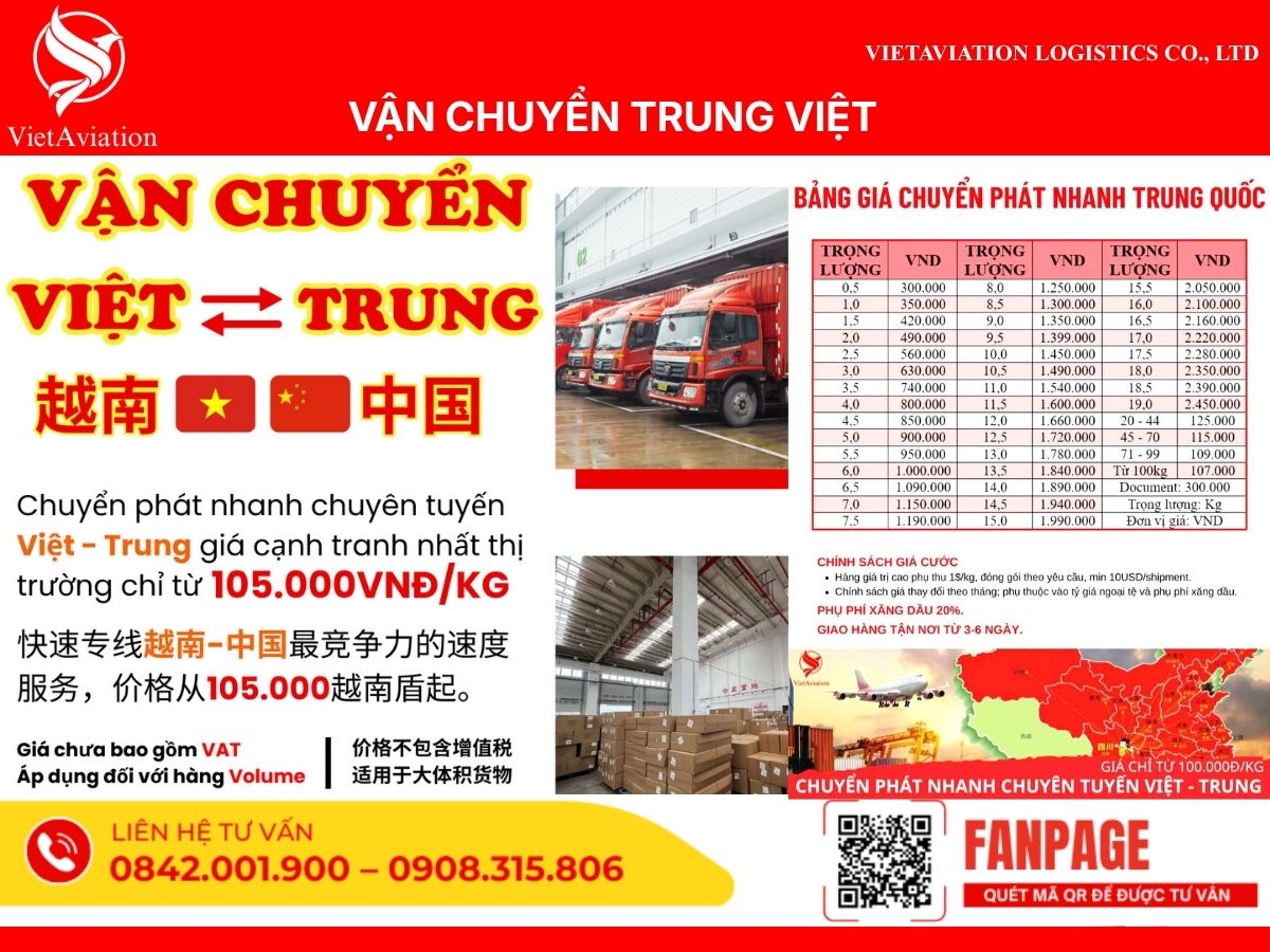 Bảng giá vận chuyển đi Trung Quốc